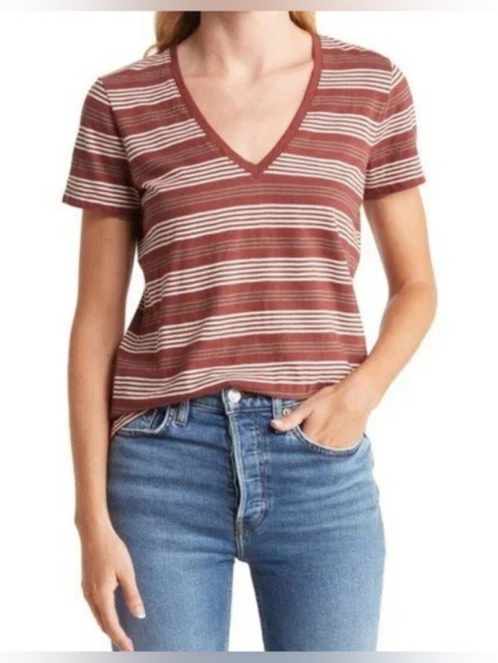 NWOT "Madewell"  Whisper Cotton V-Neck Tee Simone-Stripe In Merlot. Size S.